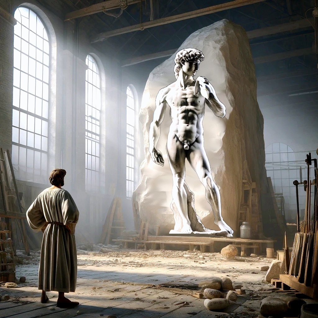 miguel angel viendo el david dentro del bloque de marmol